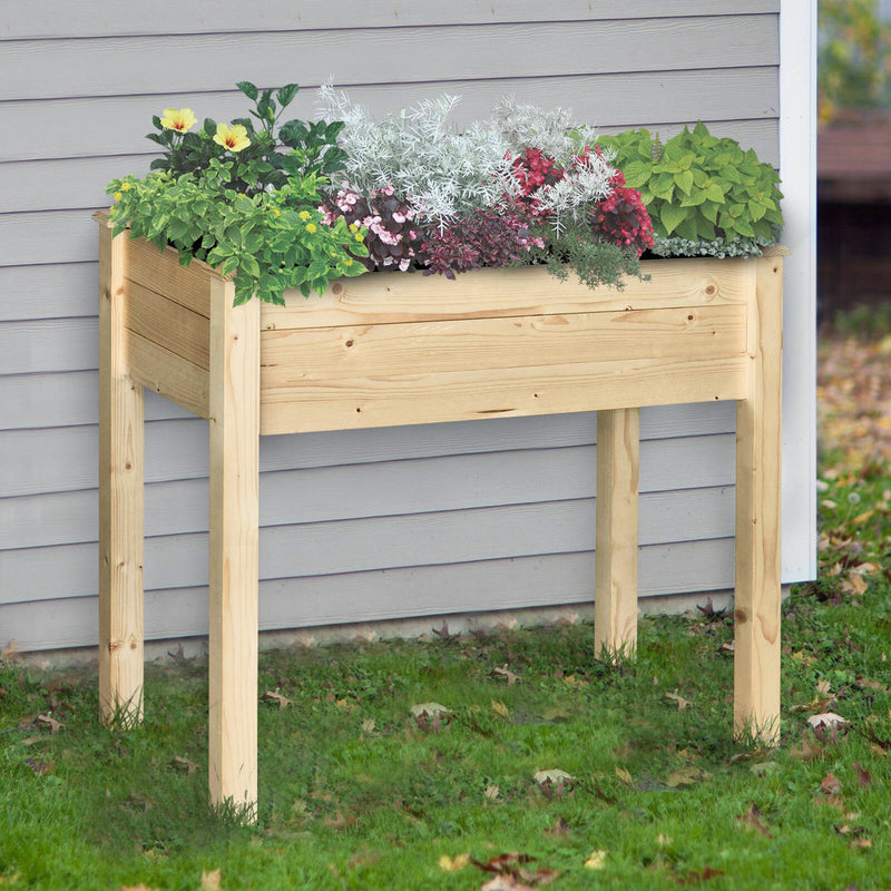 Elevated Natural Garden Plant Stand Outdoor Flower Bed Box Wooden