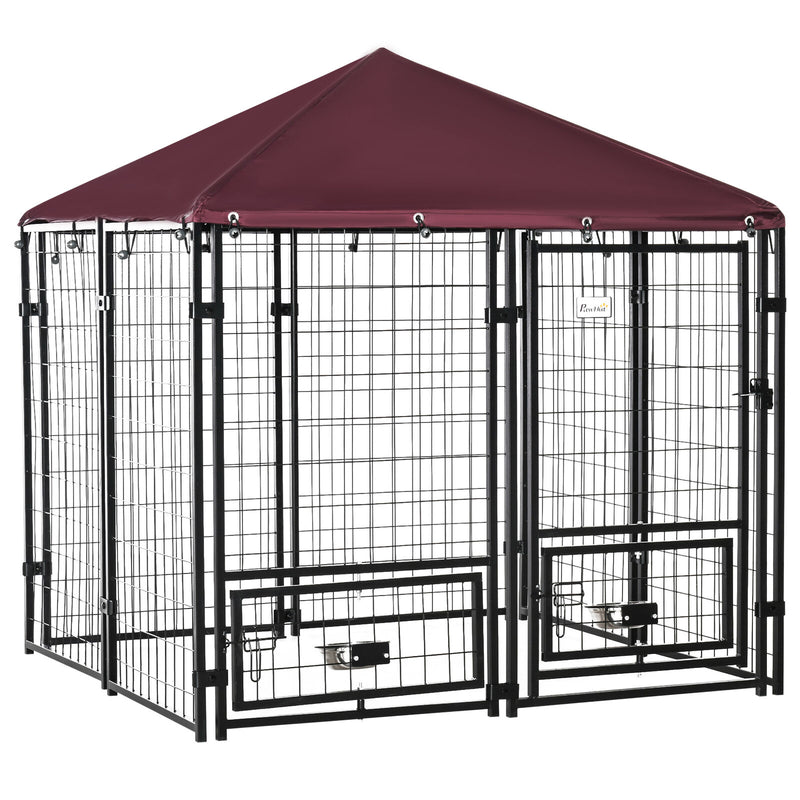 Dog House Kennel Outdoor, w/ Oxford Roof, w/ Secure Lock, Rotating Bowl Holders