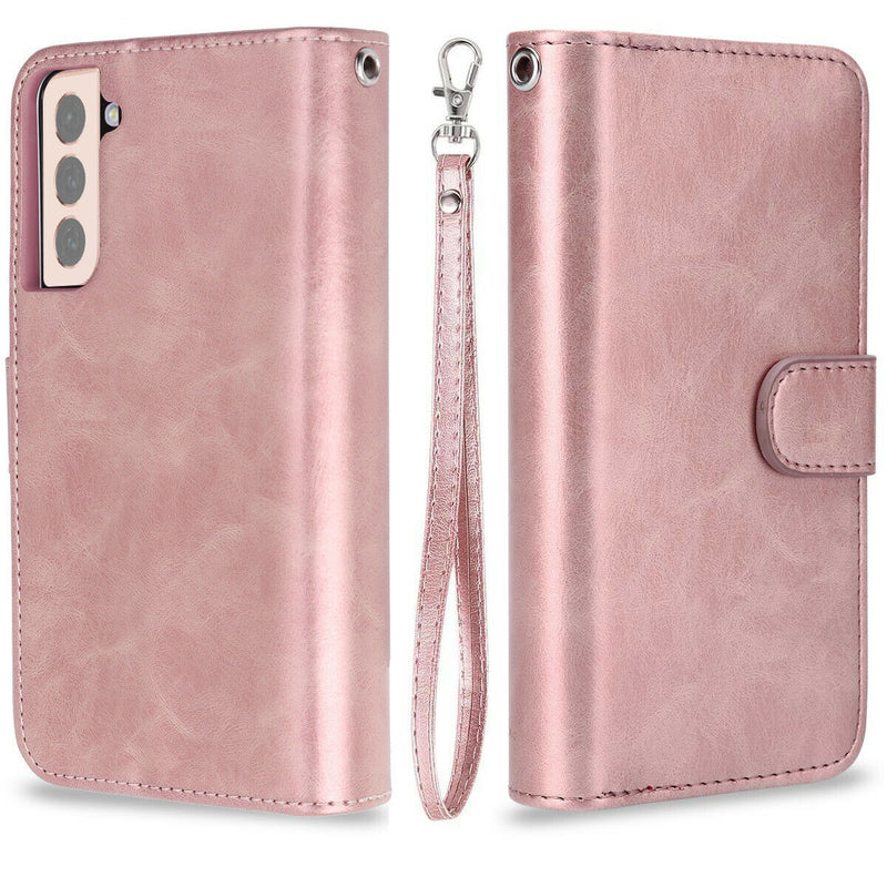 Rose Gold Luxury Detachable Leather Wallet Case w/Strap for Galaxy S21 S21+ S21U