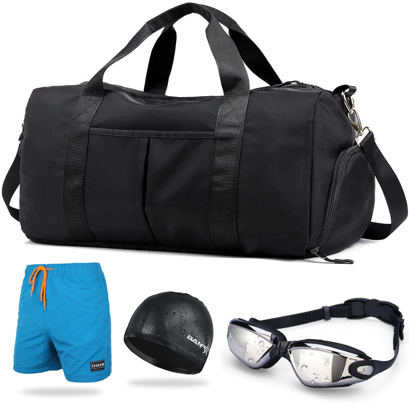 Men 4 IN 1 Bundle - 34L Sports Gym Duffel Bag + Swimming Cap + Goggles + Trunks