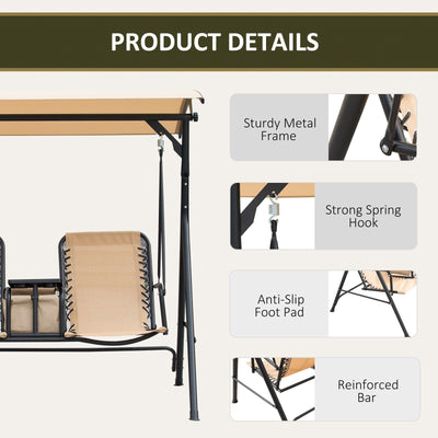 2 Person Steel Outdoor Porch Swing Chair Patio Bench w/ Storage Canopy, Beige