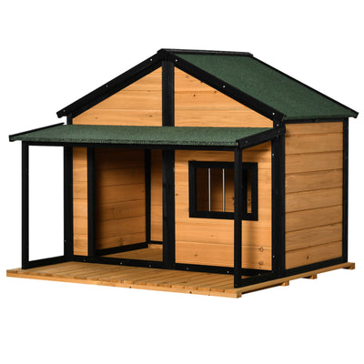 Outdoor Wooden Raised Cabin Dog House w/ Porch, Medium/Large, 53 Lbs., Yellow 196393161319