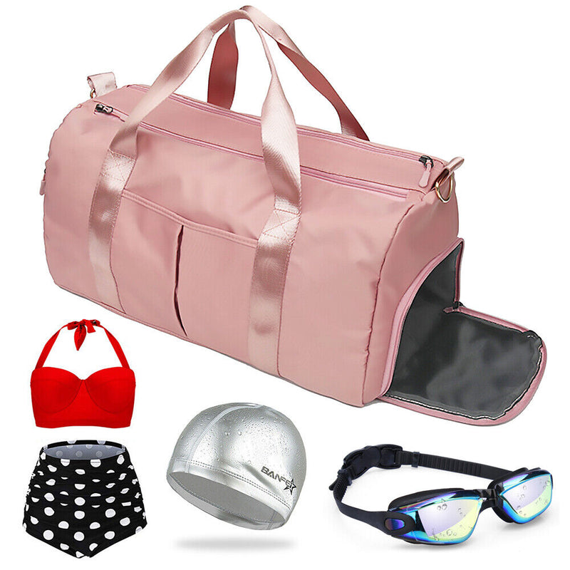 Women Gym Duffle Bag With Swimming Set - Bathing Suits & PU Coated Cap & Goggles