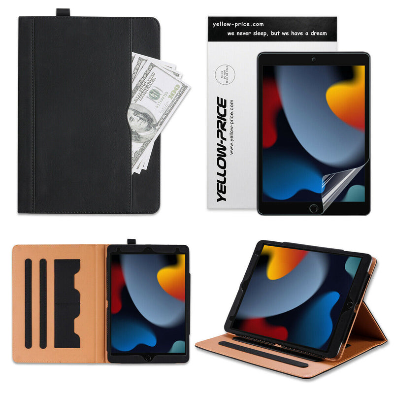 For 2021 Apple iPad 10.2 9th Leather Vintage Stand Folio Cover & Matte PET Films