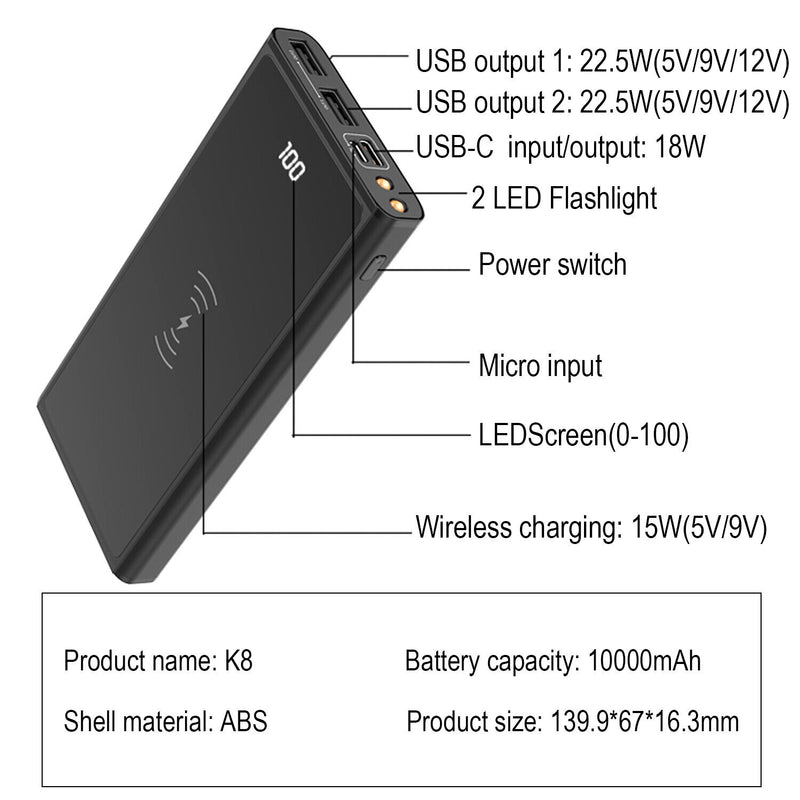 Power Bank 10000mAh [Cable&Wireless Version] with Type-C Micro Input, LCD Screen