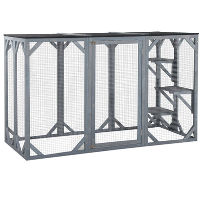 Cat Cage Wooden Pet Enclosure with Waterproof Roof, Platforms, Lock, Grey