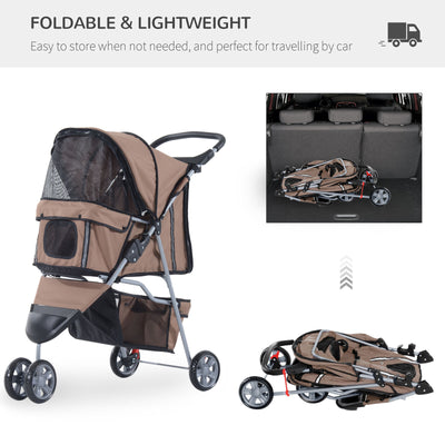 Folding Dog Stroller 3 Wheels Carrier with Brake and Canopy Coffee