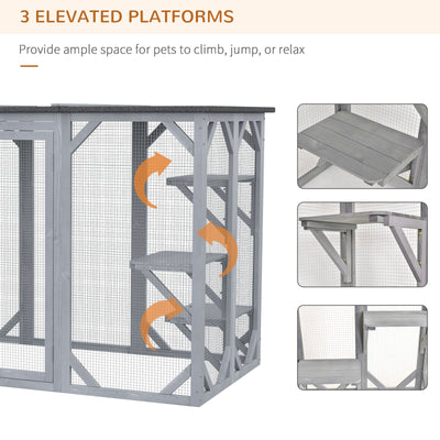 Cat Cage Wooden Pet Enclosure with Waterproof Roof, Platforms, Lock, Grey 842525170734