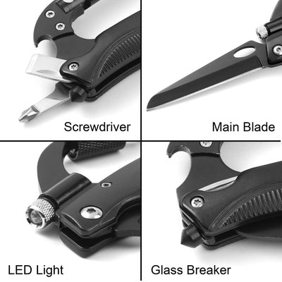 7 in 1 Aluminum Pocket Multitool Carabiner Knife with LED Flashlight&Screwdriver