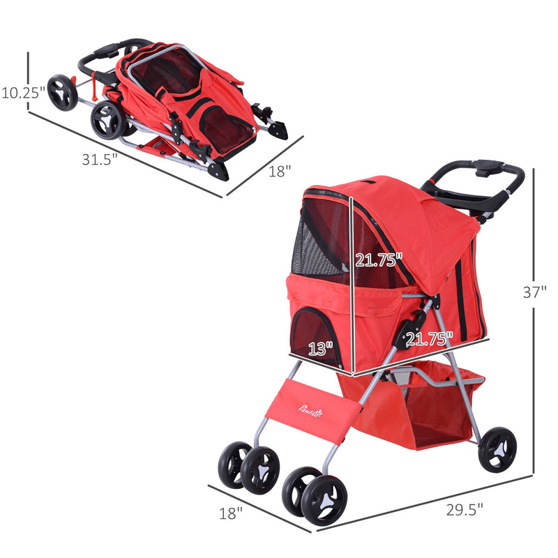 Cat Dog Carrier Cart Foldable Cup Holder with 4 Wheels Storage Basket, Red