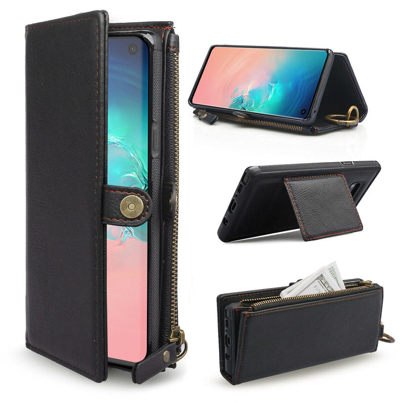 Vintage Leather Wallet Case & 2.5D HD Tempered Glass for Galaxy S10 S10+ S10e