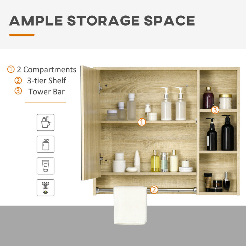 Bathroom Cabinet Mirrored Door Wall Mounted W/ Tower Bar Storage Natural