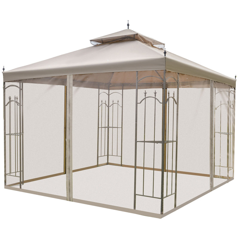 Gazebo 10&apos; x 10&apos; Steel Outdoor Garden Gazebo with Mesh Curtains - Brown