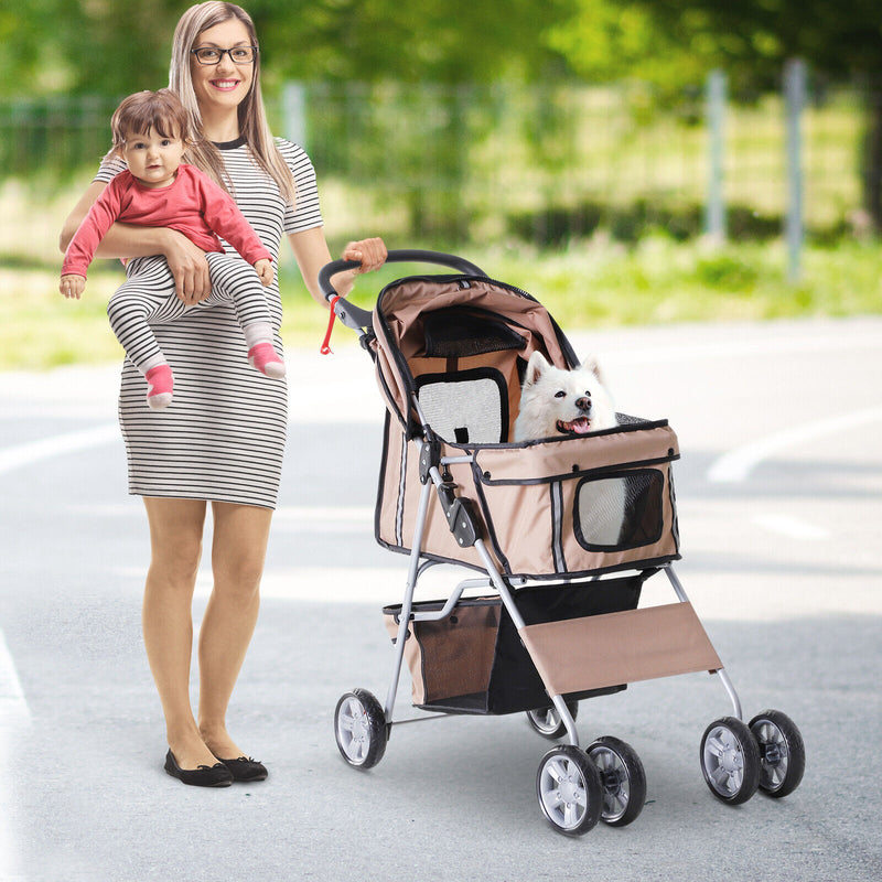 Pet Stroller Cat Dog Foldable Carrier Cart W/ Cup Holder