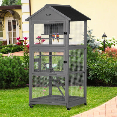 Bird Cage Mobile Wooden Aviary House with Wheel Perch Nest Ladder Tray