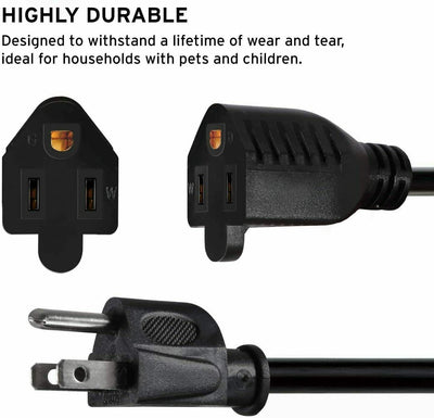 3 Prong Male Plug to Female Socket Extension Cable 18 AWG Power Cord (3-12Pack)