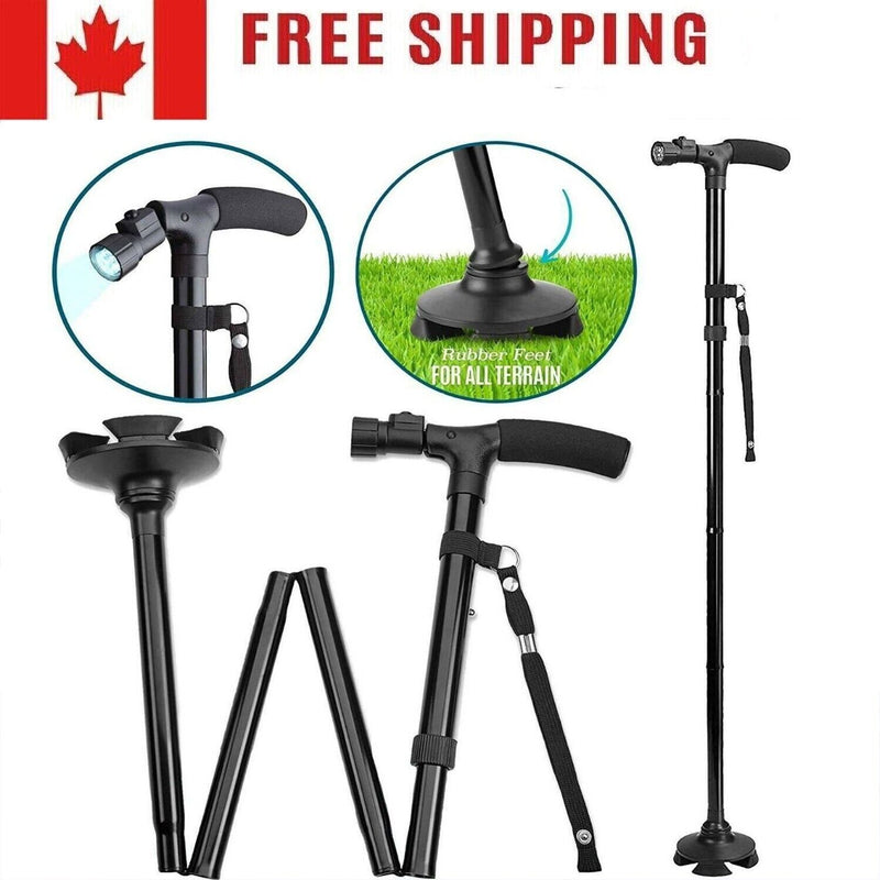 LED Walking Stick Cane Safety All Terrain Pivoting Base Folding For Camping CA