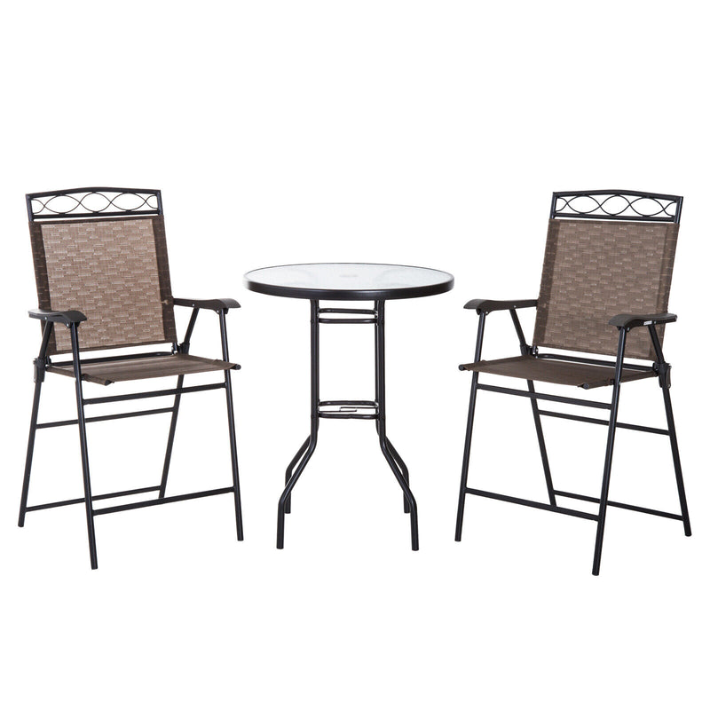 4pc Outdoor Patio Dining Set Furniture, 2 Folding Chairs, Table, Umbrella, Brown