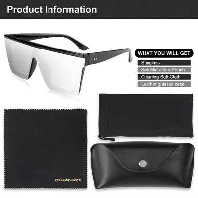 Fashion Oversized Flat Top Shield Sunglasses Square Rimless with HD Lenses& Case