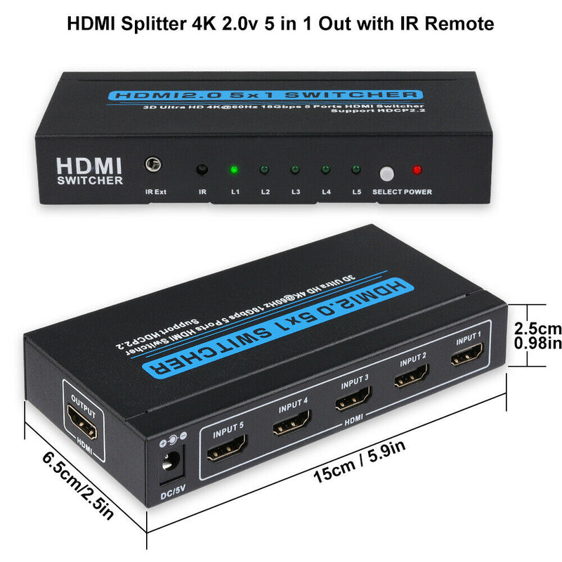 4K 60Hz 5 Port 5 x 1 HDMI 2.0 Switcher Support 18Gbps 4K x 2K 3D HDCP 2.2 HDR CA