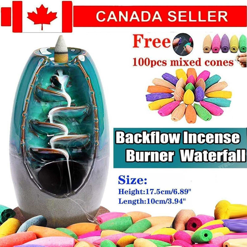 Ceramic Incense Waterfall Burner Backflow Smoke Censer Holder w/ 100 Free Cones