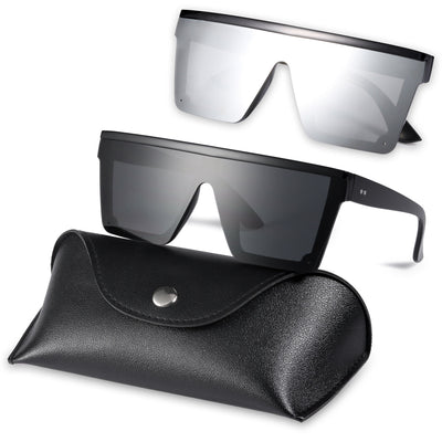 Fashion Oversized Flat Top Shield Sunglasses Square Rimless with HD Lenses& Case