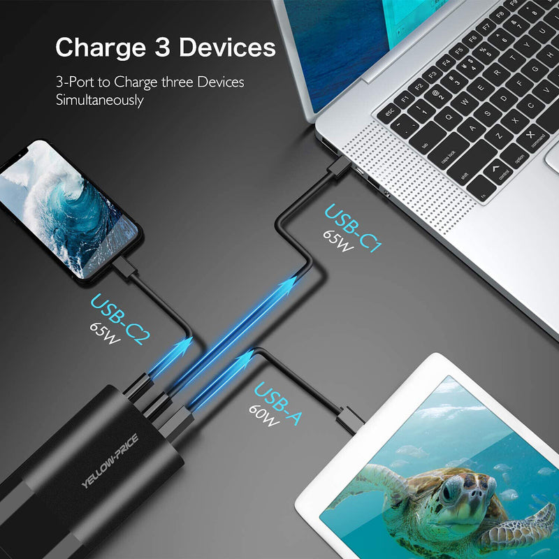 65W 3-Port USB C Charger GaN Power Delviery for MacBook, USB C Laptop, iPad Pro