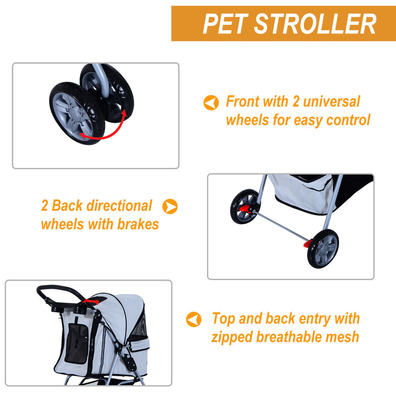 4 Wheel Pet Stroller Cat Dog Jogger Folding Sunshade Canopy Grey