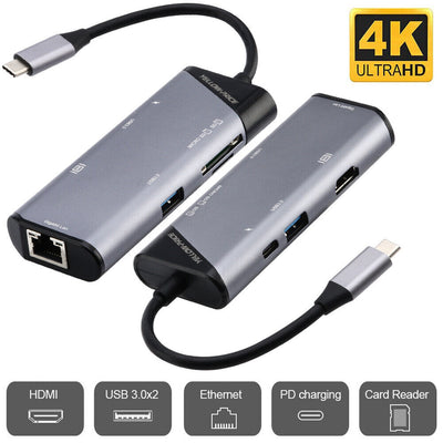 Aluminum USB-C Hub w/4K HDMI, Thunderbolt 3, USB 3, Card Reader, RJ45 Ethernet