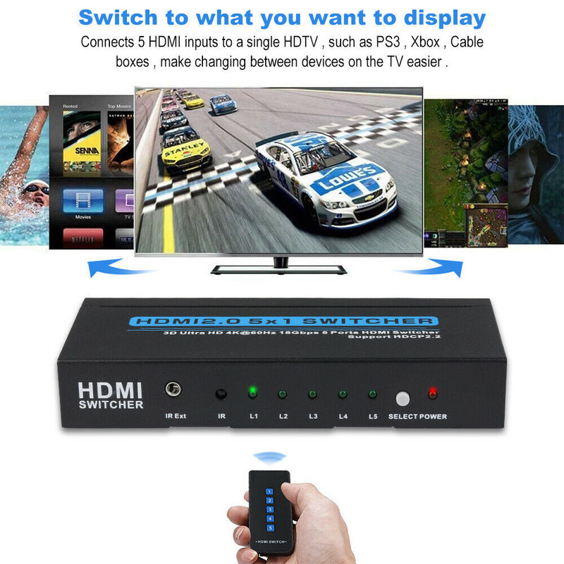 4K 60Hz 5 Port 5 x 1 HDMI 2.0 Switcher Support 18Gbps 4K x 2K 3D HDCP 2.2 HDR CA