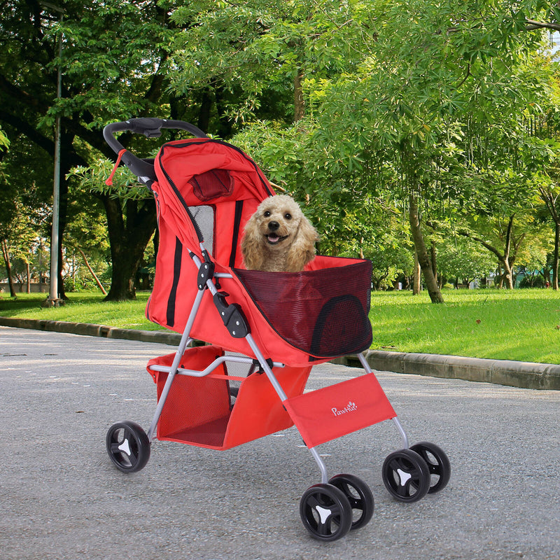 Cat Dog Carrier Cart Foldable Cup Holder with 4 Wheels Storage Basket, Red