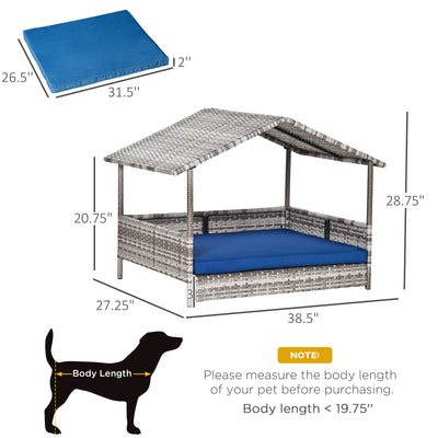 Elevated Wicker Dog House, Raised Rattan Pet Bed Cabana w/ Cushion, Canopy, Blue 196393070796