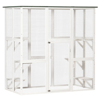 Outdoor Cat House with Weather Protection, Multiple High Ledges, 71&quot; L, White 196393161395