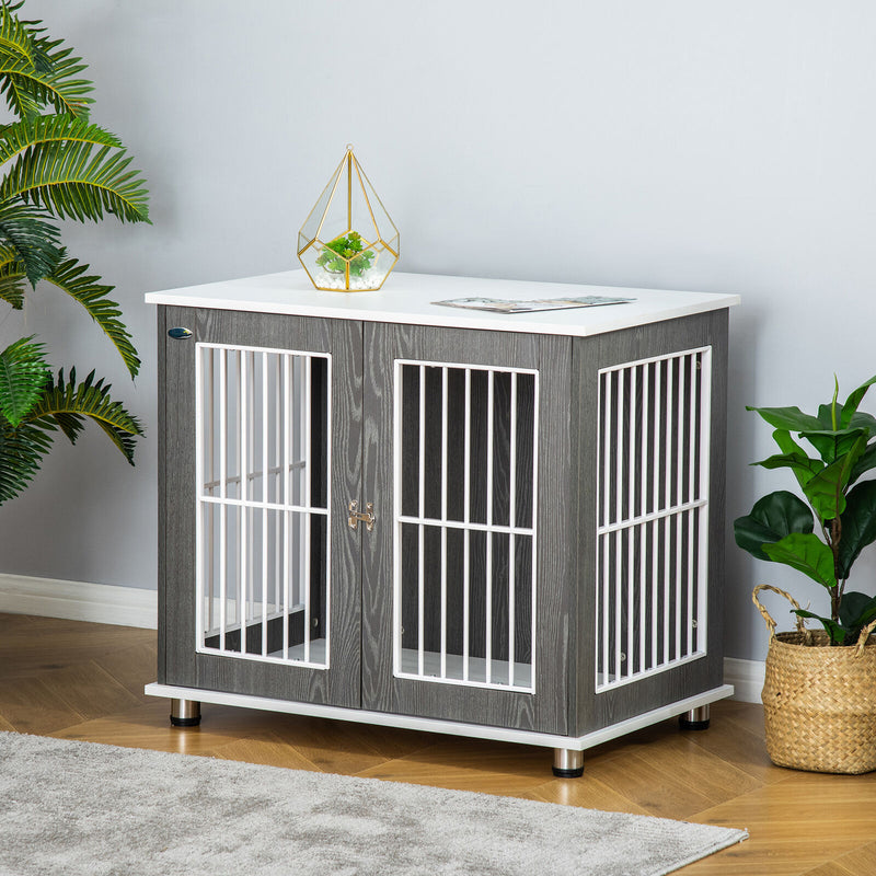 Wooden Dog Cage Furniture Style Pet Kennel Crate w/ Adjustable Foot Pads, Grey 196393066560