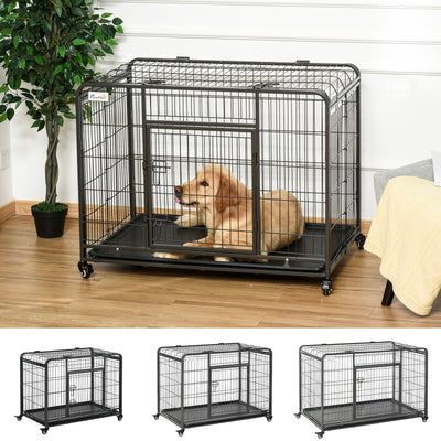 Indoor Grey Puppy Kennel w/ 4 Wheels &amp; Easy Folding Design