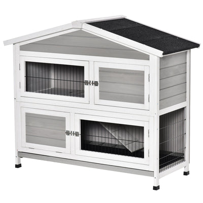 48&quot; 2-Level Rabbit Hutch Wooden Bunny House, Multidoor Habitat Cage w/ Ramp Tray 842525158572