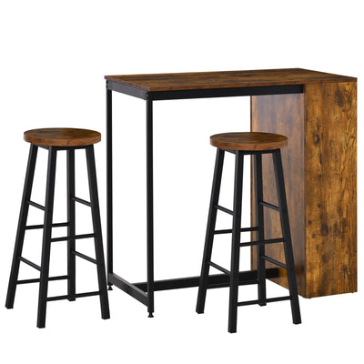 Kitchen Bar Table, Dining Table Set w/ Storage Shelf, 2 Bar Stools, Rustic Brown