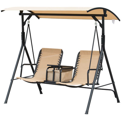 2 Person Steel Outdoor Porch Swing Chair Patio Bench w/ Storage Canopy, Beige