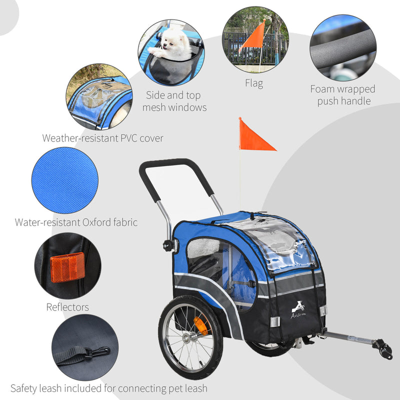 2-In-1 Dog Bike Trailer Pet Stroller with 360° Swivel Wheel Reflector Flag