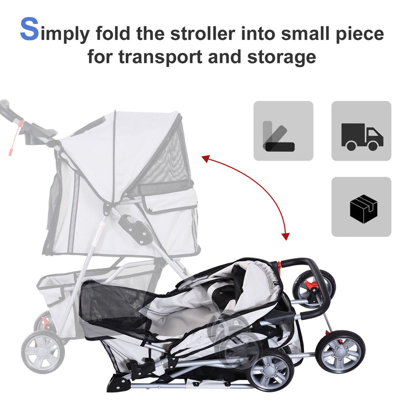 4 Wheel Pet Stroller Cat Dog Jogger Folding Sunshade Canopy Grey