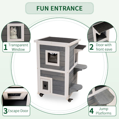 Outdoor Wooden 2-Floor Cat Condo Pet House Kitten Shelter w/ Wheels - Gray 196393255735