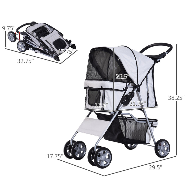 4 Wheel Pet Stroller Cat Dog Jogger Folding Sunshade Canopy Grey