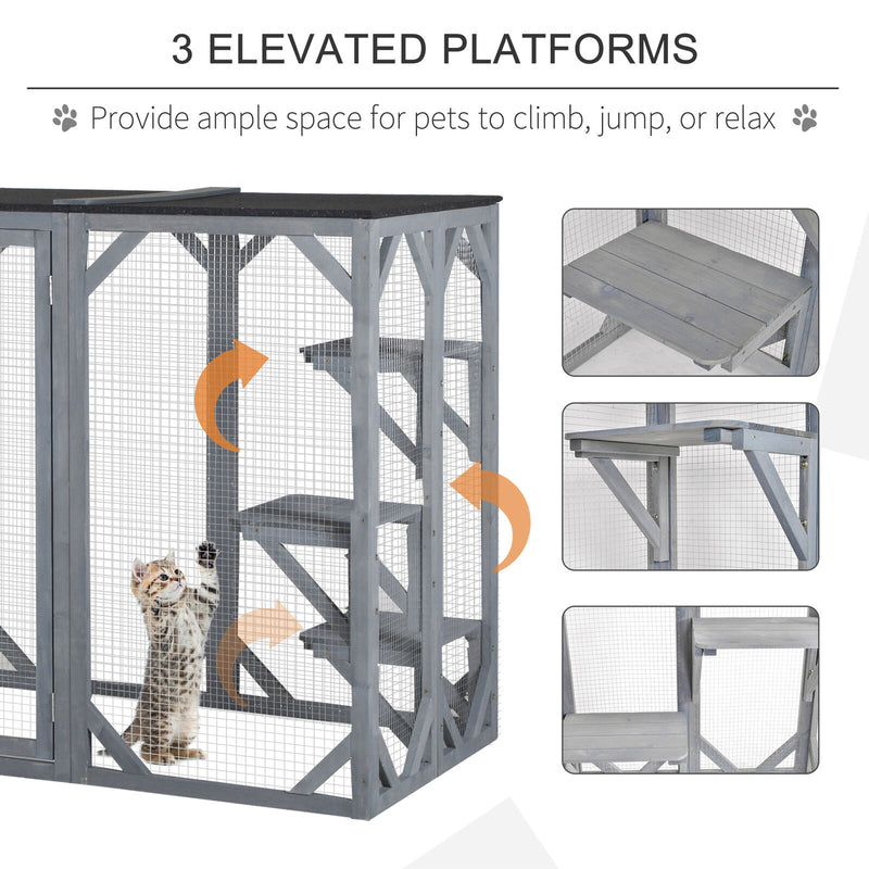 Cat Cage Wooden Pet Enclosure with Waterproof Roof, Platforms, Lock, Grey