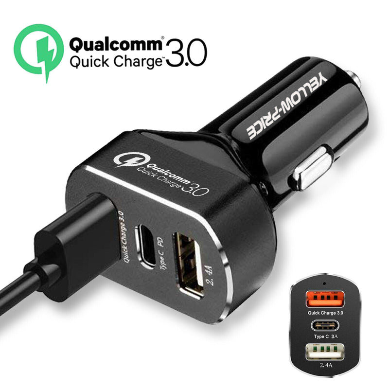 3-Port USB Car Charger Adapter QC 3.0 Fast Charging (Dual USB-A + USB-C Port)