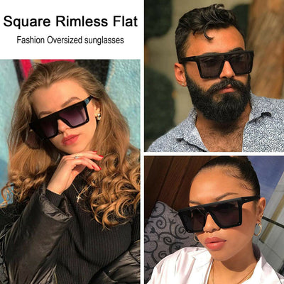 Fashion Oversized Flat Top Shield Sunglasses Square Rimless with HD Lenses& Case