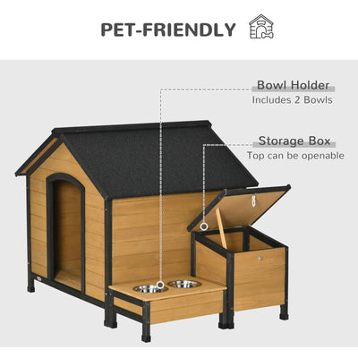 Wooden Dog House Outdoor Cabin Style, w/ Weather Resistant Roof, 2 Bowls