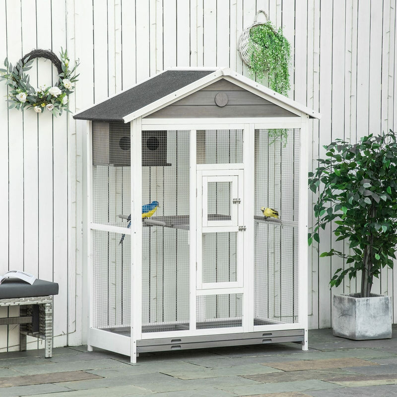 64.5&quot; Wooden Outdoor Bird Flight Aviary Cage Play House Finch Parrot Canary Grey 196393161333