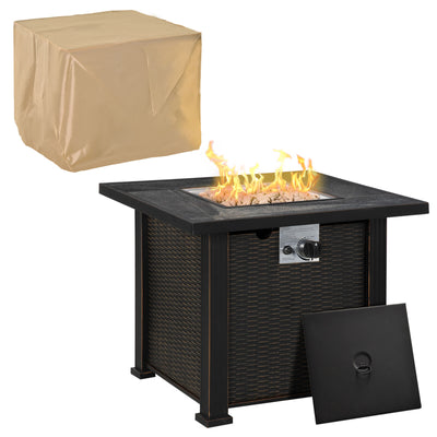 30" Gas Propane Fire Pit Table 50,000BTU Wicker Auto Ignition Firepit w/ Lid