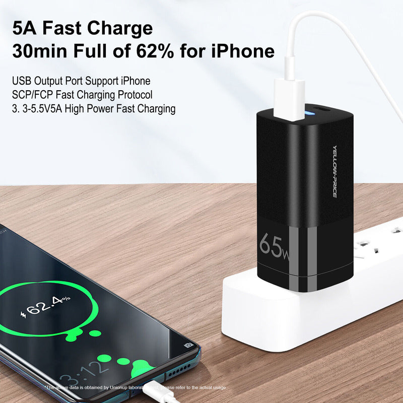 YELLOW-PRICE PD 3.0 USB C Charger 65W [GaN Power Tech] w/ Dynamic Detect, 3-Port