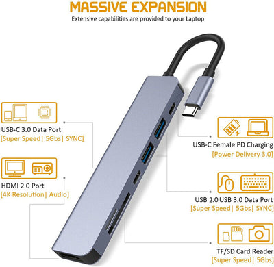 3/5/6/7/8in 1 Type C Hub to USB 3.0 HDMI PD Adapter Docking Station for MacBook